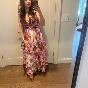 Mac Duggal Ruffle Tiered Cut-Out Floral Chiffon Dress